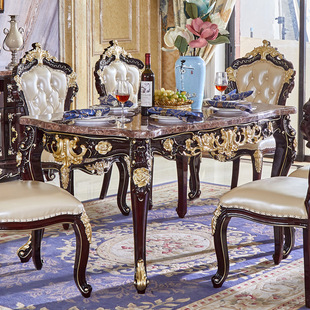 欧式 全实木餐桌红棕色大理石面吃饭桌子1.6米长餐桌