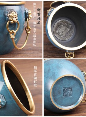 新品故宫缸黄铜米缸狮头缸首B双耳聚宝盆摆件玄关家居摆件