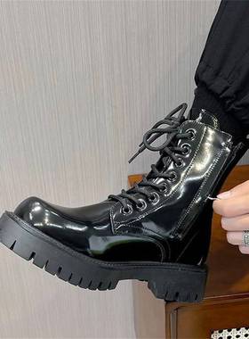 极速Vintage Casual Men Patenty Leather Ankle Boots Male Plat