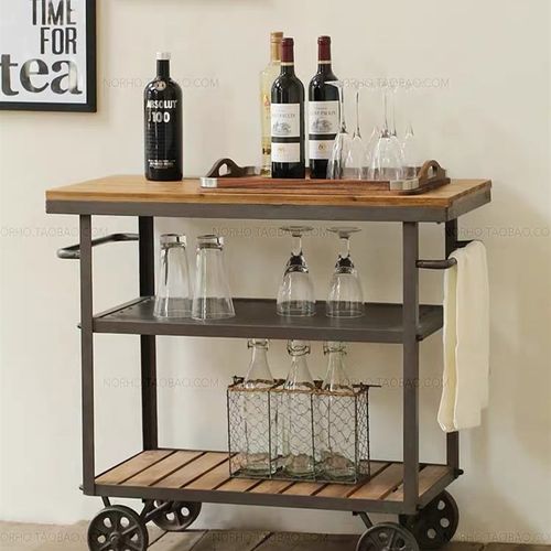 极速复古实木餐车酒水茶水手推车移动H厨房置物架三层小推车餐边