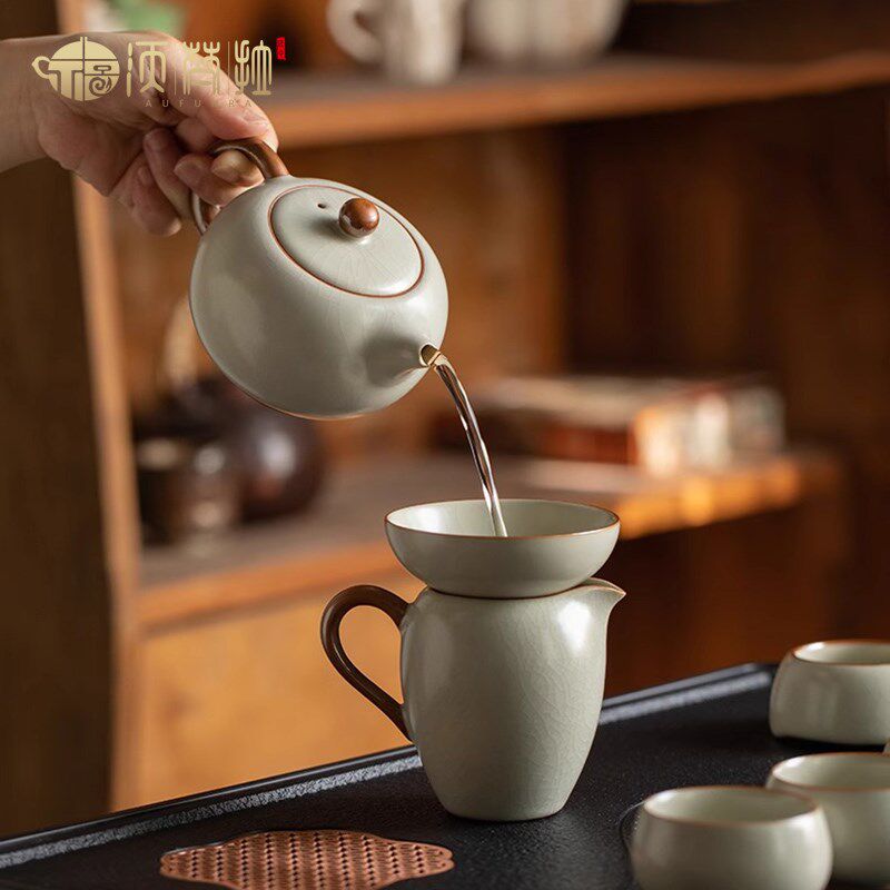 新品AUFUNRA汝窑功夫茶具新款复古H中式冰裂釉大西施壶茶壶茶杯办