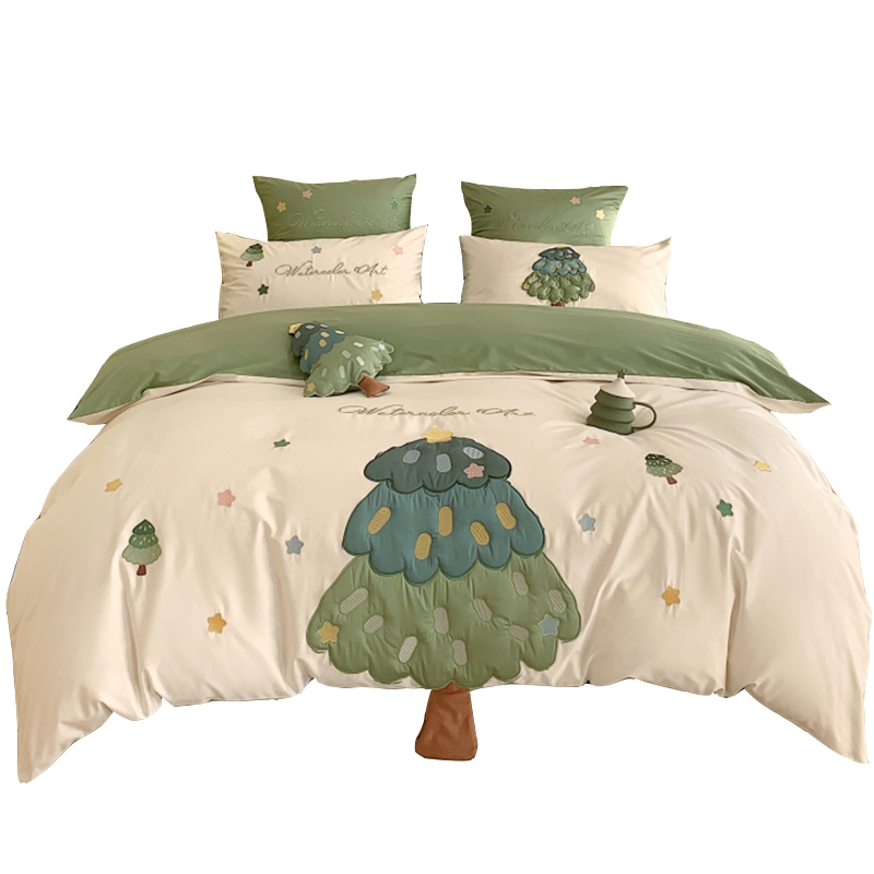 极速insc卡通小树刺绣100支贡缎长绒棉全棉四件套被套床单床上用