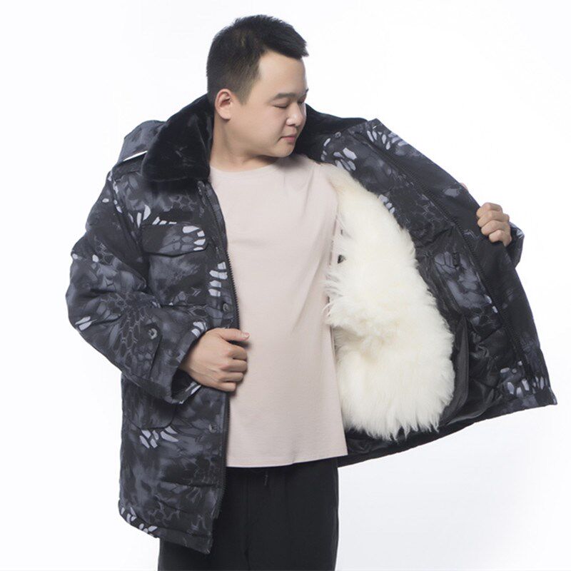 新品冬季羊皮毛一体蟒纹棉u衣男中长款加厚保暖保安棉服羊皮棉袄
