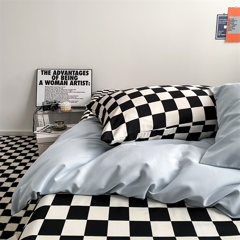 极速inbs文艺小姐姐博主风水洗棉四件套混搭海蓝色被套床单三件套