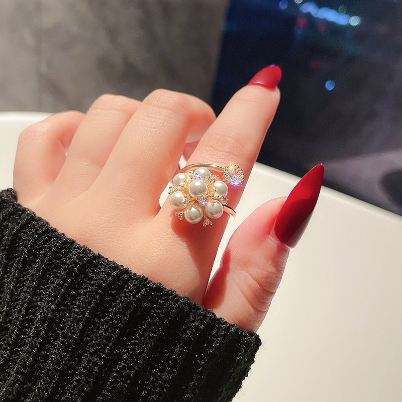 速发珍珠花朵水钻开口时尚食指戒指女ins潮韩版网红冷淡风个性指