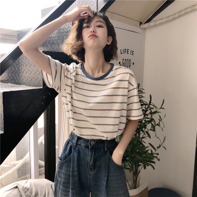 新品条纹T恤女夏季新款韩版短袖宽C松清新泫雅风ins潮网红学生上