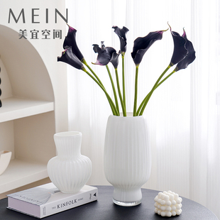 现代简约白瓷条纹大肚玻璃水培花瓶摆件花艺花器工艺品餐桌花瓶