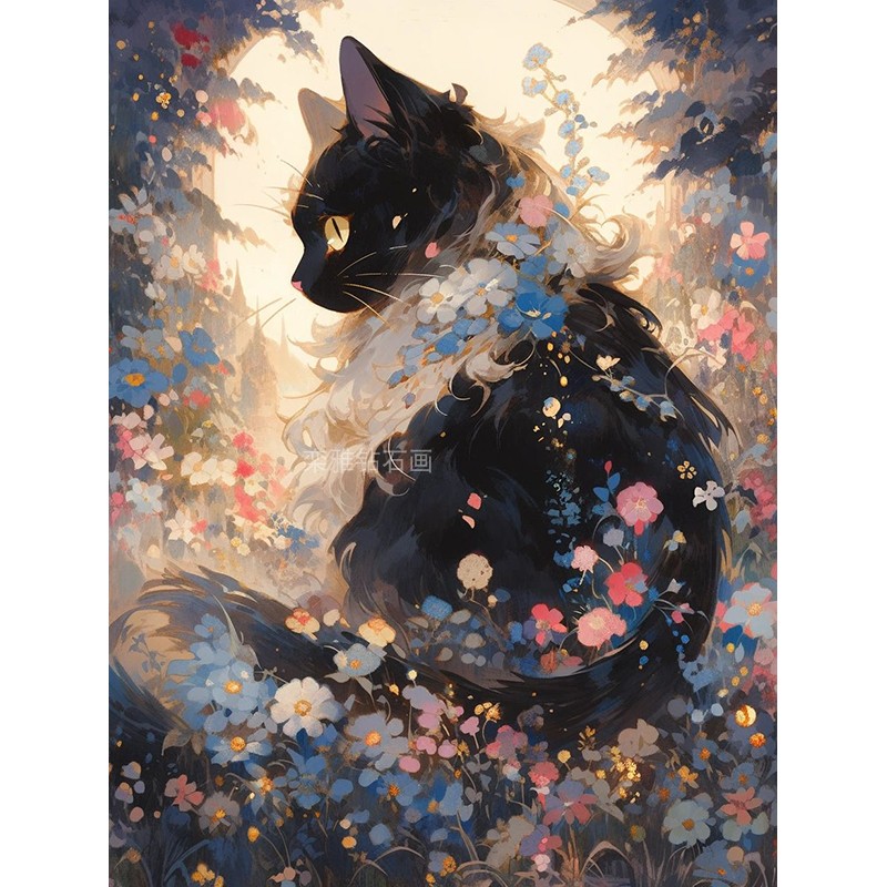 新款DIY方钻满钻钻石画手工贴钻D印花十字绣镶钻套件花环黑色猫咪