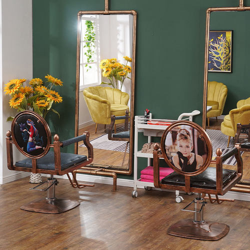 复古美发椅 厂家批发美式轻奢复古理发店椅子可升降旋转理发椅