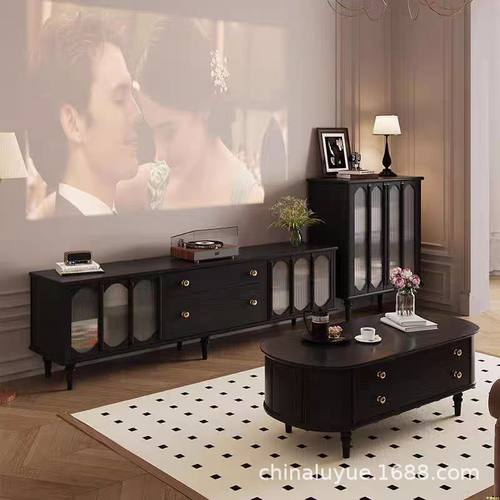 2024新款美式复古电视柜茶几组合法式客厅实木黑色地柜茶几组合