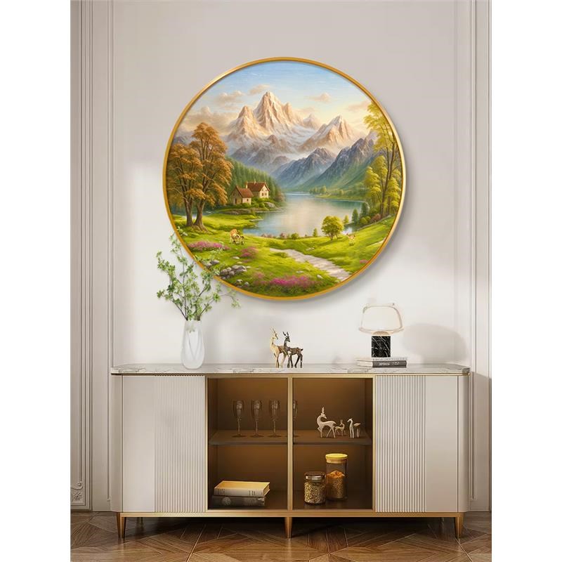 聚宝盆圆形入户玄关装饰画餐厅A背景墙风景油画山水画走廊过道壁图片