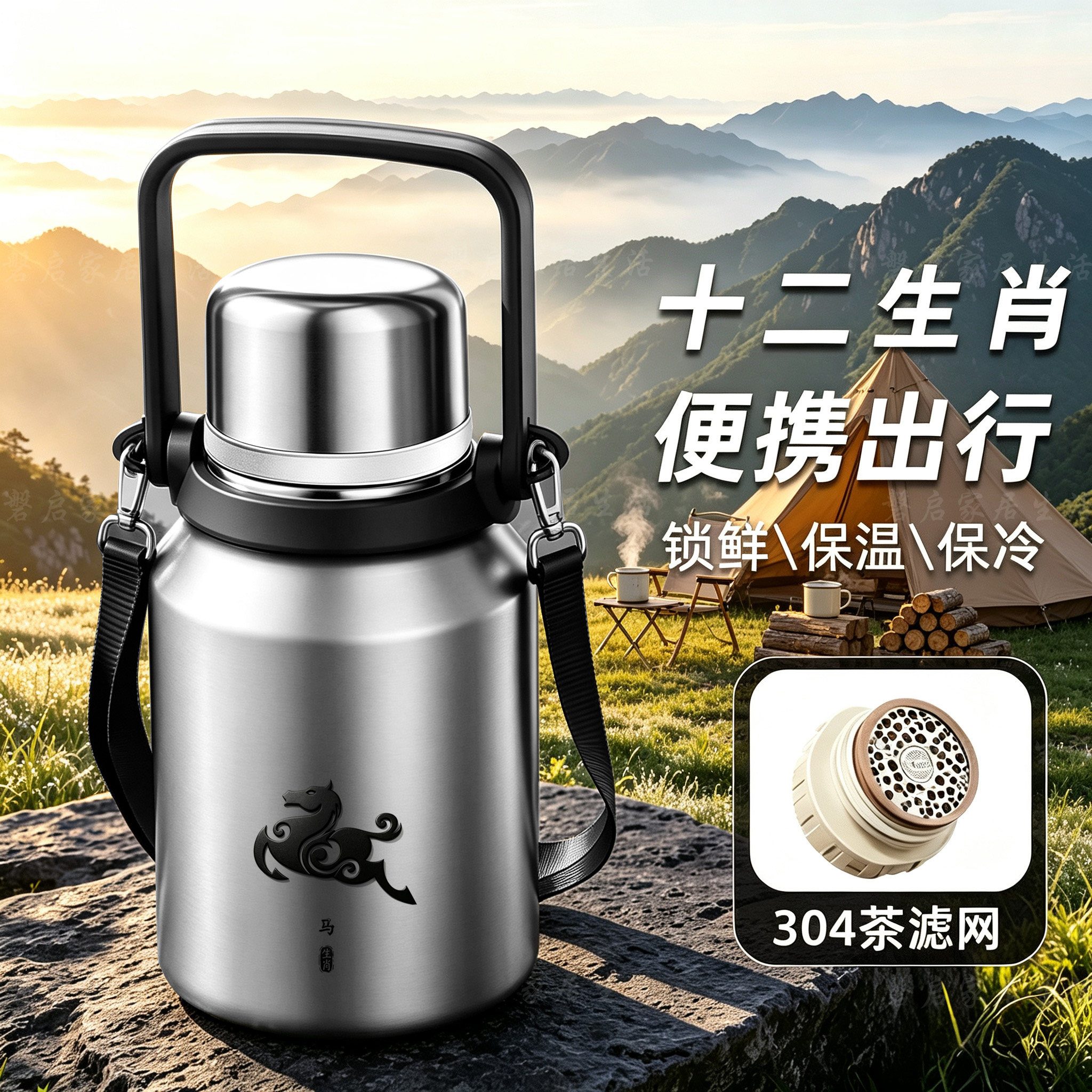 强效锁温大容量保温壶斜挎户外杯