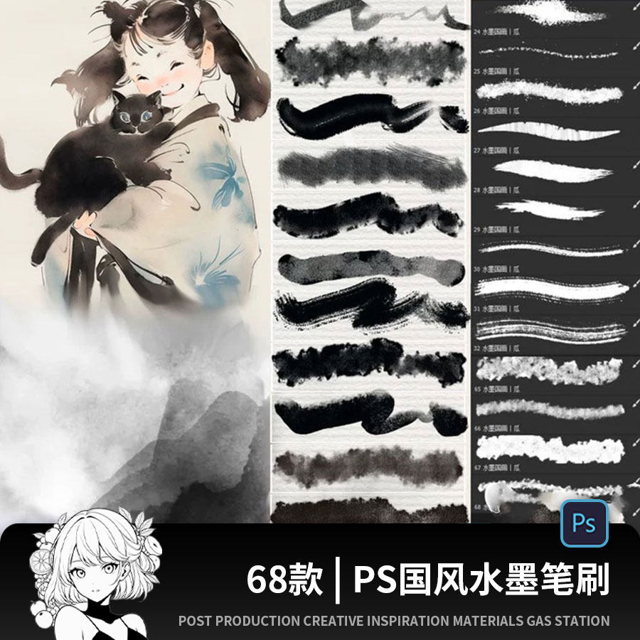 水墨国画ps笔刷水彩渲染书法浓墨毛笔中国风古风淡彩勾线绘画素材图片