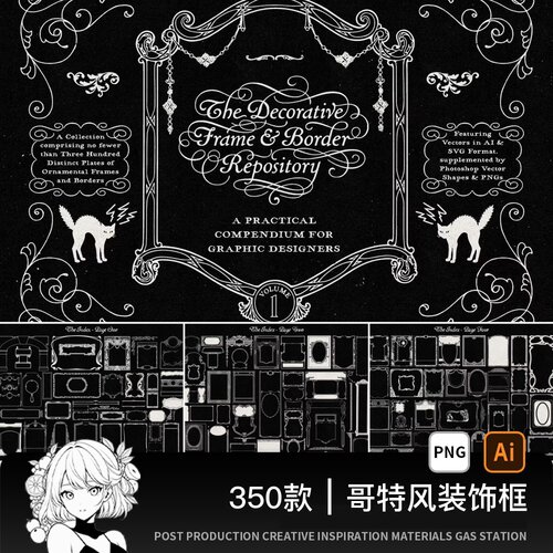 欧式复古巴洛克哥特风华丽雕花边框线稿装饰PNG图美工AI矢量素材