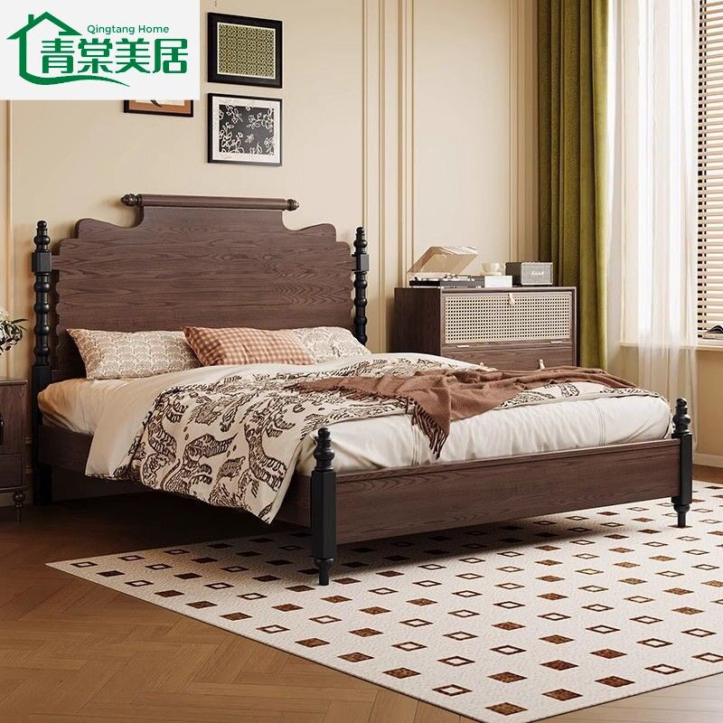 中古风实木床1.8主卧双人床1.5小户型简约古风美式婚床法式实木床