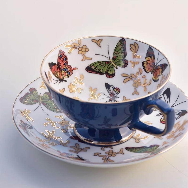 英国轻奢欧式咖啡杯蝴蝶描金下午茶杯骨瓷茶具精致高级感红茶杯碟