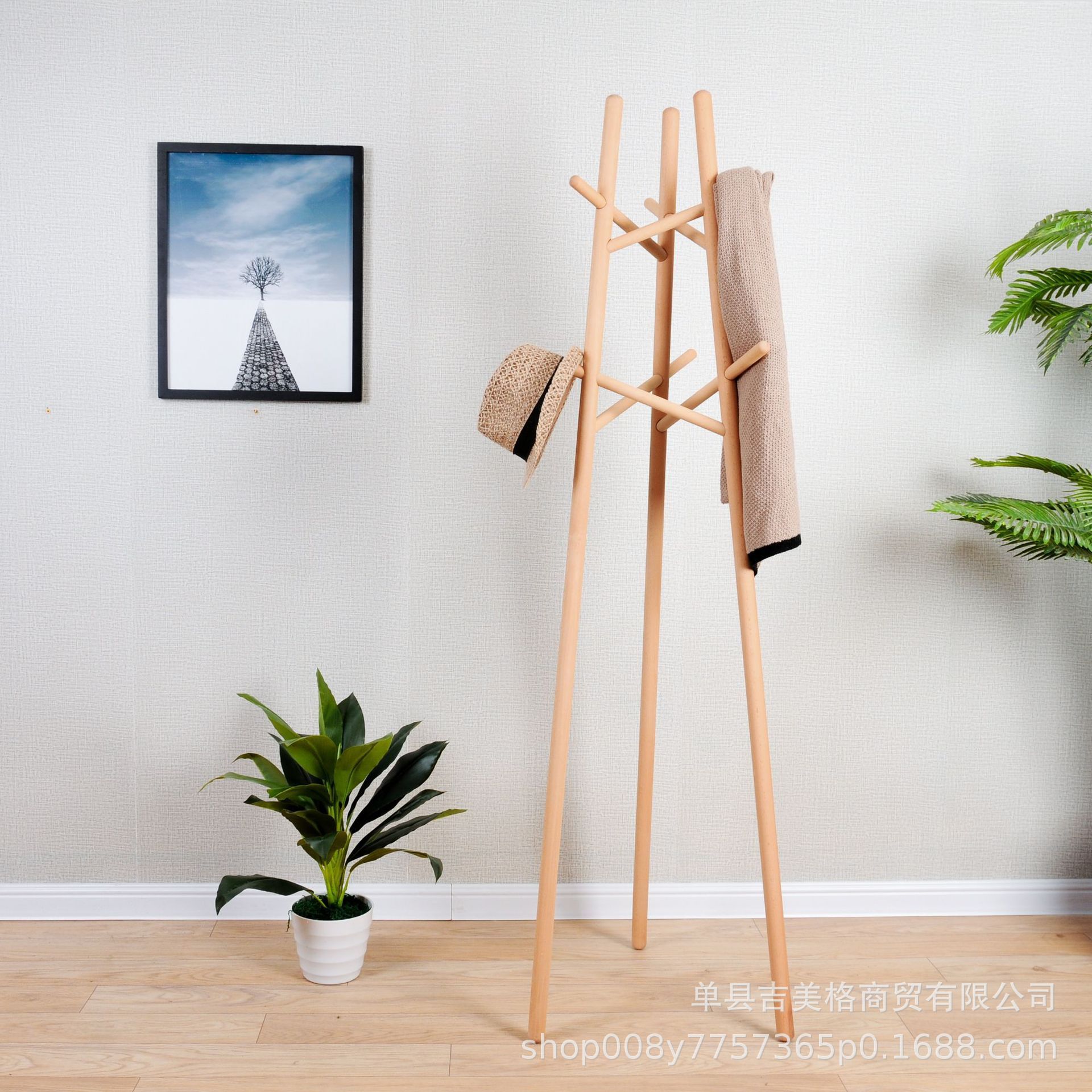 新款挂衣架凤巢木制衣架现代简约单杆式衣架客厅卧室落地衣帽架