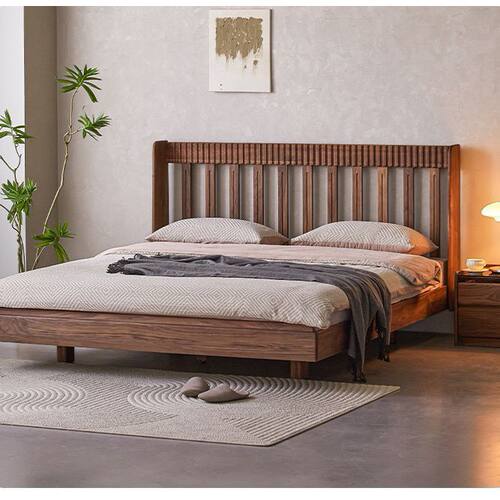 北欧复古全实木床黑胡桃木双人床软包靠背家用主卧床1.8米樱桃木