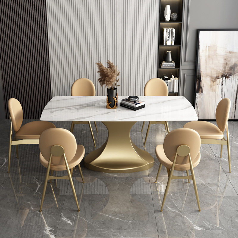 不锈钢亮面岩板餐桌椅组合轻奢潮流后现代港式网红家用户型吃饭桌