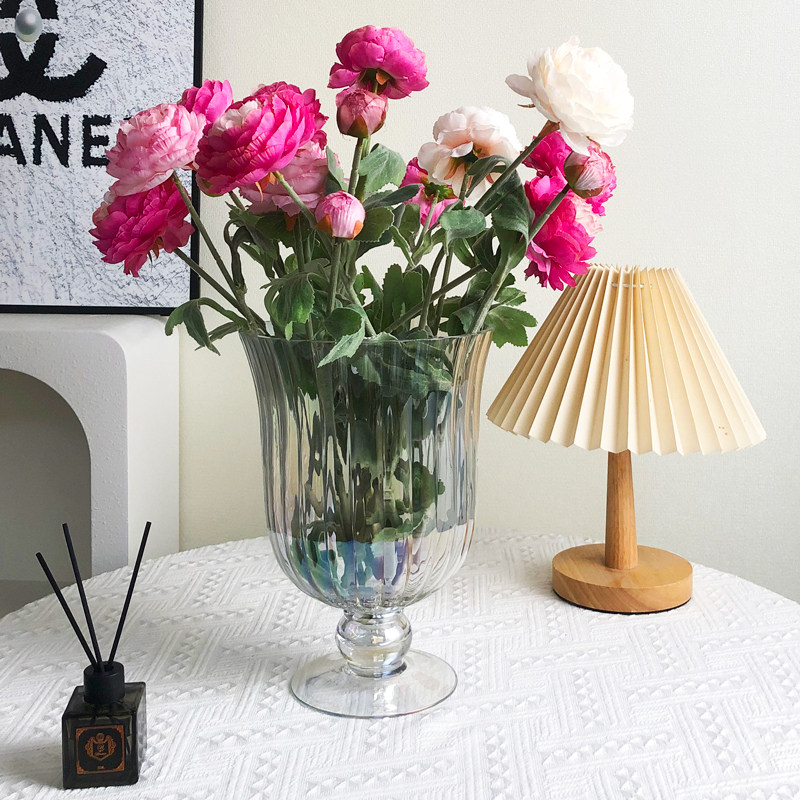 大口高脚杯花瓶高透玻璃大号条纹法式中古感鲜切插花透明家居摆件,家居饰品,花瓶,淘宝优惠券,粉丝福利购,淘宝优惠卷