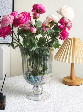 大口高脚杯花瓶高透玻璃大号条纹法式中古感鲜切插花透明家居摆件