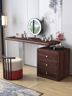新中式胡桃木实木梳妆台带镜子现代简约储物收纳柜一体家用化妆桌