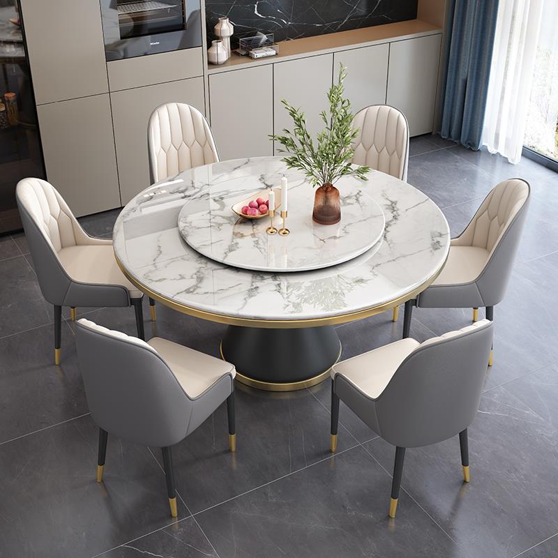 岩板餐桌椅组合圆形轻奢大理石圆桌简约现代带转盘小户型家用饭桌