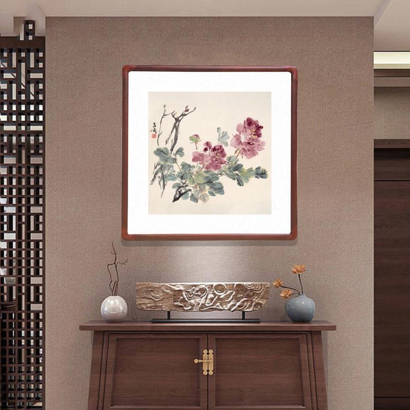 斗方牡丹花挂画国画水墨画带框中式客厅玄关装饰画办公室书房字画