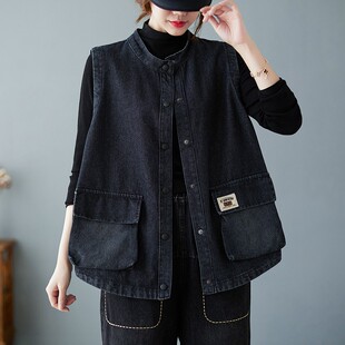 坎肩闲领上 口袋马甲小外套宽松百搭无袖 速发4022秋装 文艺休立工装