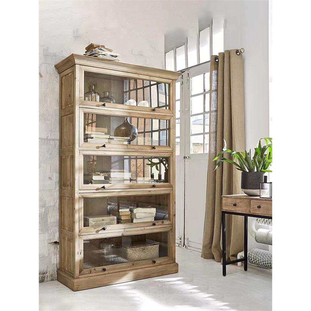 美式实木书柜储物收纳柜简约现代轻奢落地玻璃门书橱儿童防尘书架