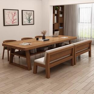 严选双人学习桌客厅实木大长书桌现代简约家用阅读桌电脑桌工作台