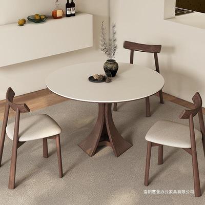 中古风实木岩板餐桌现代简约家用小户型法式复古高端圆形纯白圆桌