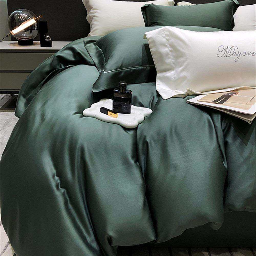 双面天丝裸睡纯色四件套简约枕边刺绣丝滑夏季床上用品