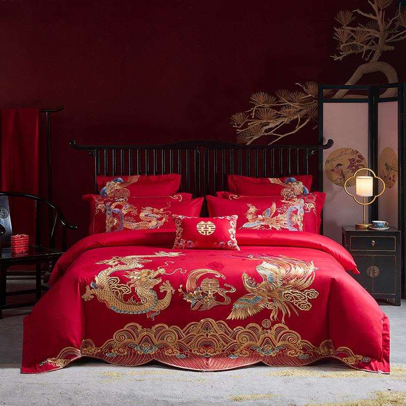 高端婚嫁140支贡缎提花长绒棉四件套大红婚庆刺绣结婚六件十件套
