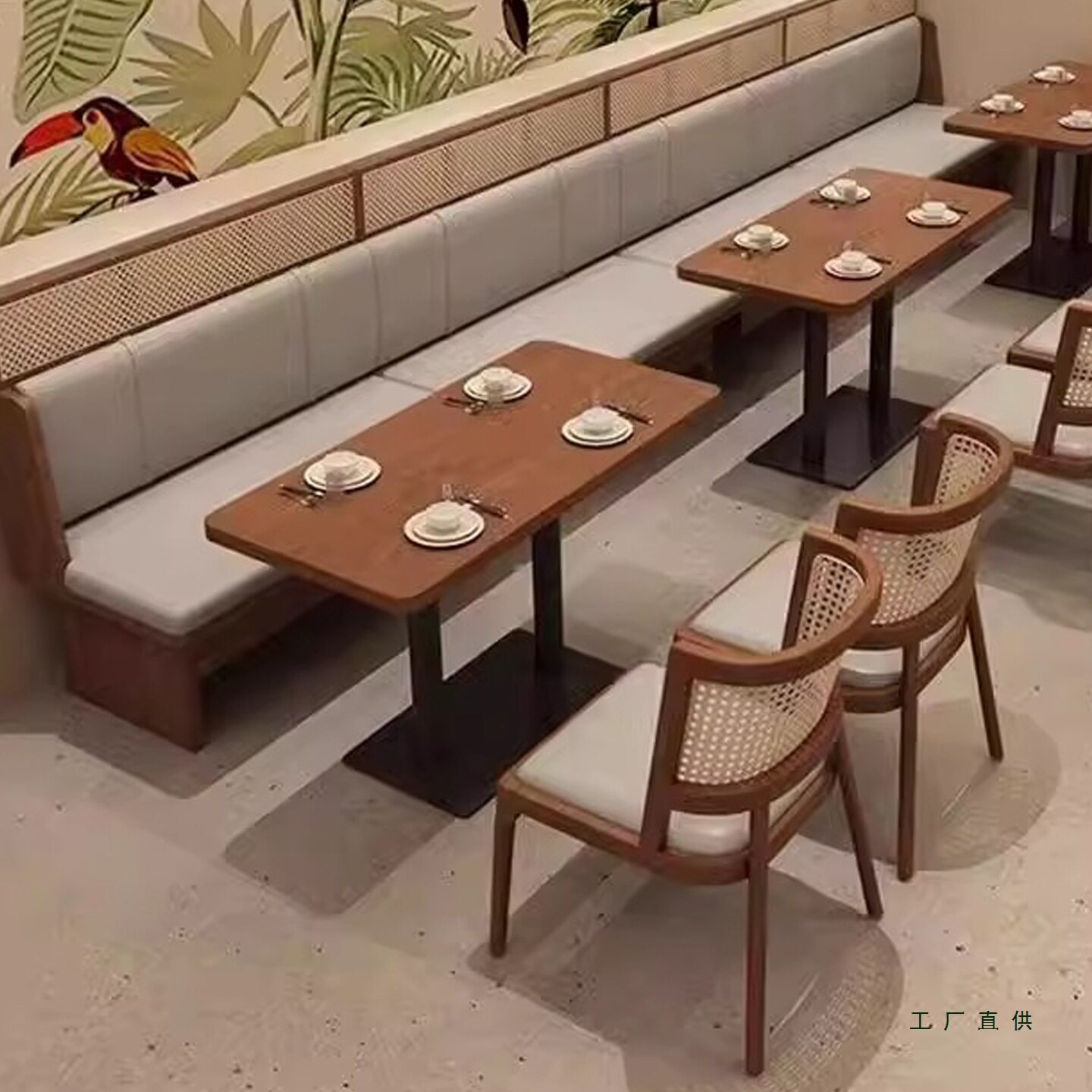 商用餐厅实木藤编卡座桌椅组合