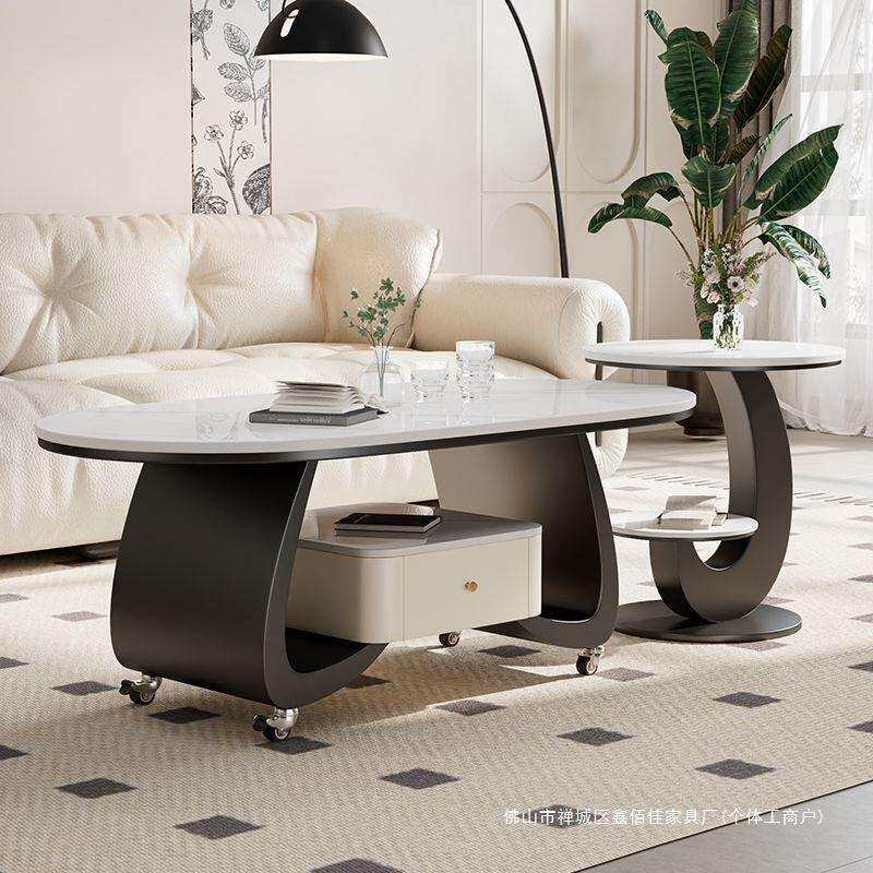 轻奢现代椭圆形岩板客厅家用高级感小户型茶几简约高端可移动边几