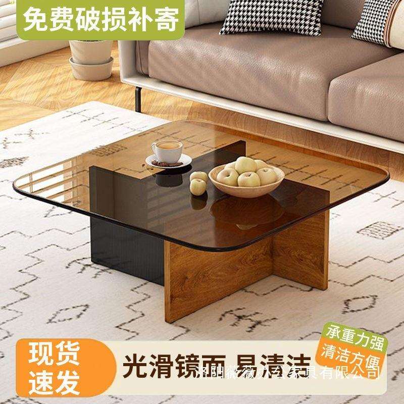茶几轻奢现代简约方形意式钢化玻璃圆形茶桌小户型客厅家用极简桌