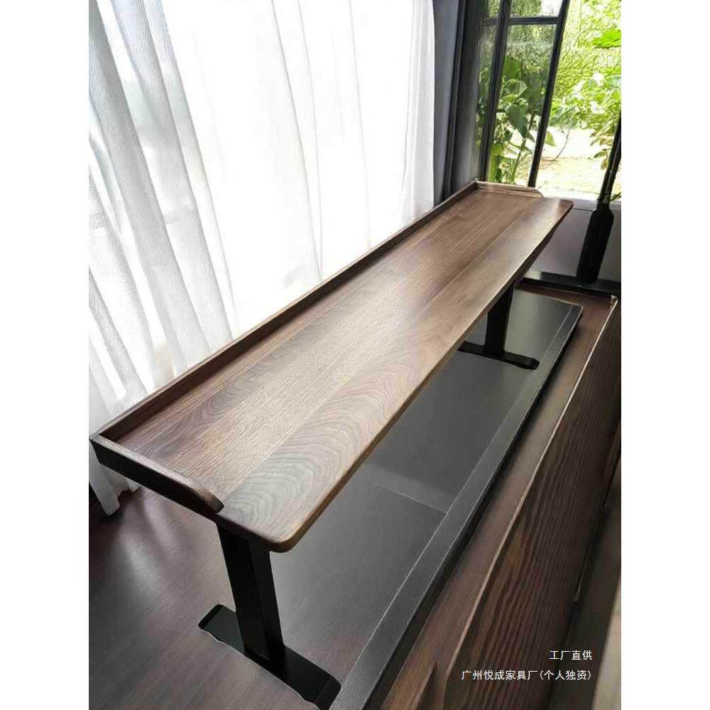小户型超窄黑胡桃木实木电动升降桌可移动跨床长条吧台飘窗床边桌
