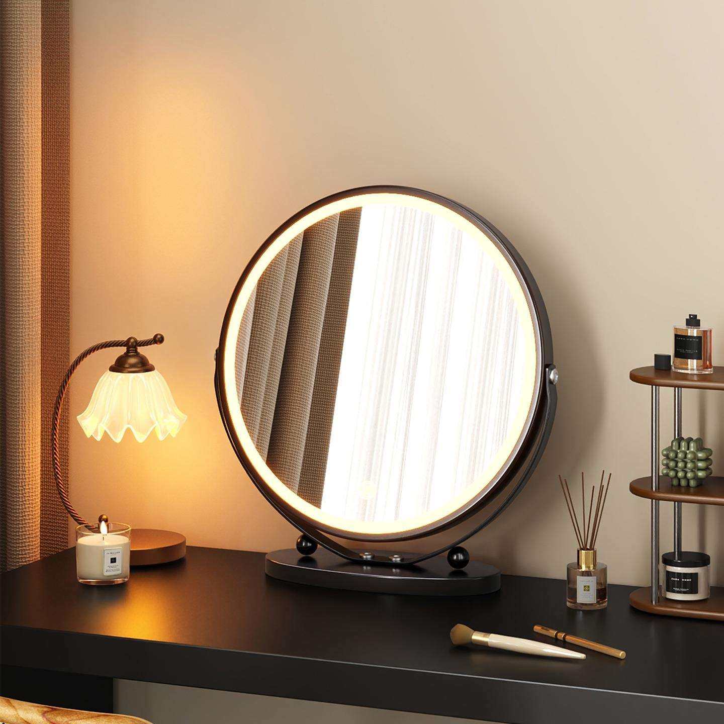 化妆镜LED带灯台式桌面轻奢高级感梳妆镜卧室大镜子可旋转美妆镜