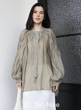 ZC.TenNine 设计感绑带丝光v领慵懒灯笼袖衬衫