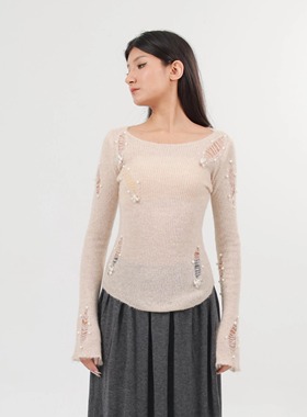 ZC.TenNine 不规则法式掐腰破洞手工钉珠针织上衣