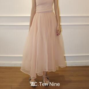 ZC.TenNine 粉色松紧腰不规则网纱半身裙