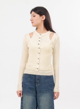 ZC.TenNine 修身显瘦圆领假两件漏肩排扣长袖针织衫