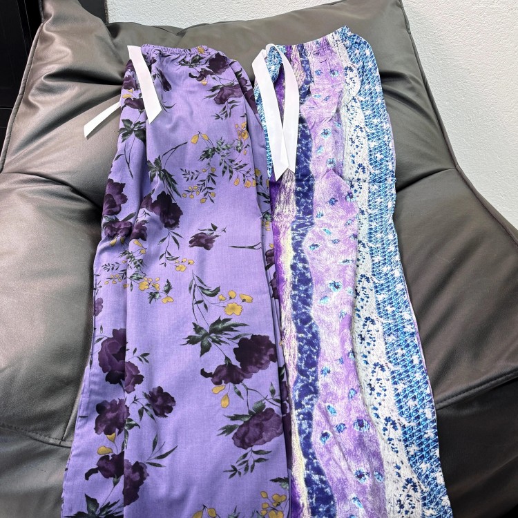 紫色印花裤子女夏季薄款棉绸遛弯裤宽松慵懒风凉凉裤休闲居家长裤