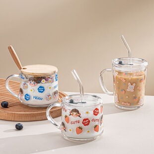 【官方正品】高鹏硅玻璃杯ins卡通印花吸管杯加盖勺刻度牛奶杯高
