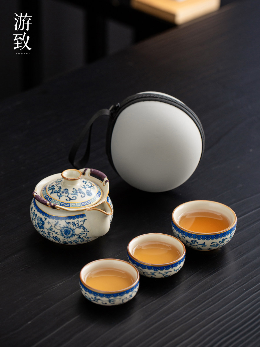 青花汝窑旅行茶具包荷花快杯户外便携袋套装一壶两杯茶壶茶杯