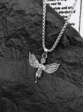 极速ins冷淡风钛钢天使嘻哈男士女潮秋冬长款链子项W链吊坠毛衣链