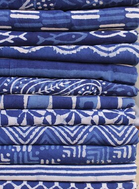 速发lkhoyu蓝言印度蓝染手工拓印indigo植物染色印花长绒棉薄棉布