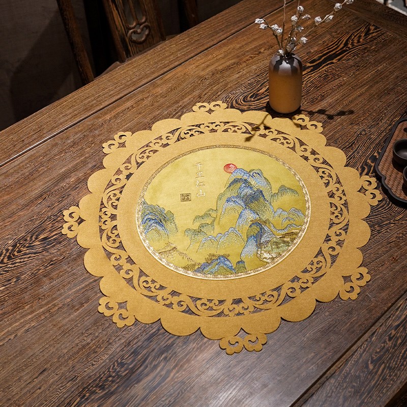 极速新中式圆桌布千里江山u圆形盘垫轻奢精美刺绣餐桌垫家用国风