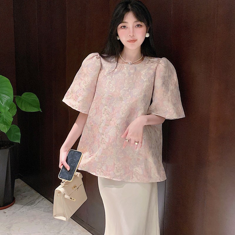 极速法式印d花圆领粉色衬衫女春装温柔气质泡泡袖上衣洋气宽松套